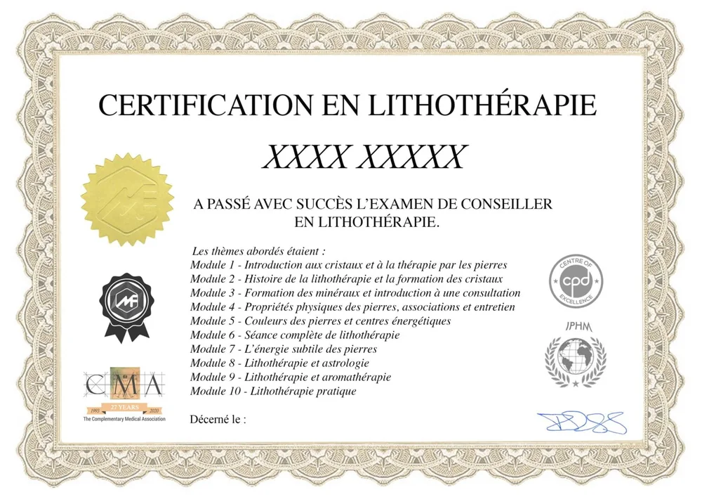 Spécimen du certificat de lithothérapie remis en fin de formation